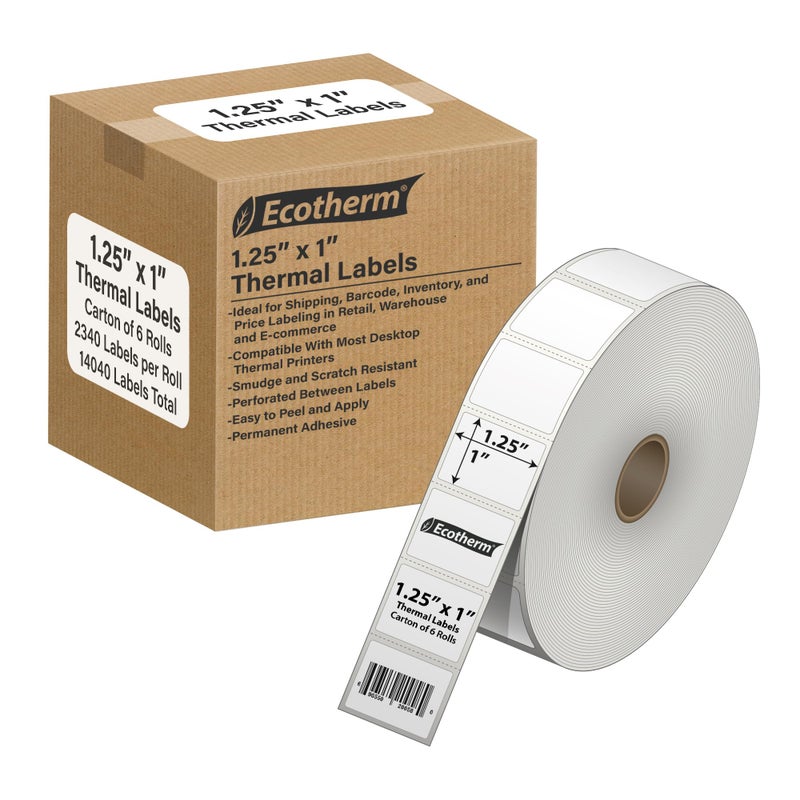 Ecotherm 1.25" x 1" Thermal Labels | 6 Rolls | 14040 Labels | fits Zebra, Godex, Arkscan, iDPRT, Offnova Thermal Label Printers and More | Blank White Adhesive Stickers by Ecotherm - Image 1